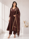 Brown Embroidered Mul Chanderi 3-Piece Set