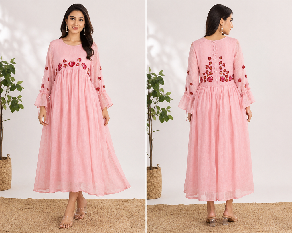 🌸 Blush Pink Kota Cotton Embroidered Dress 🌸