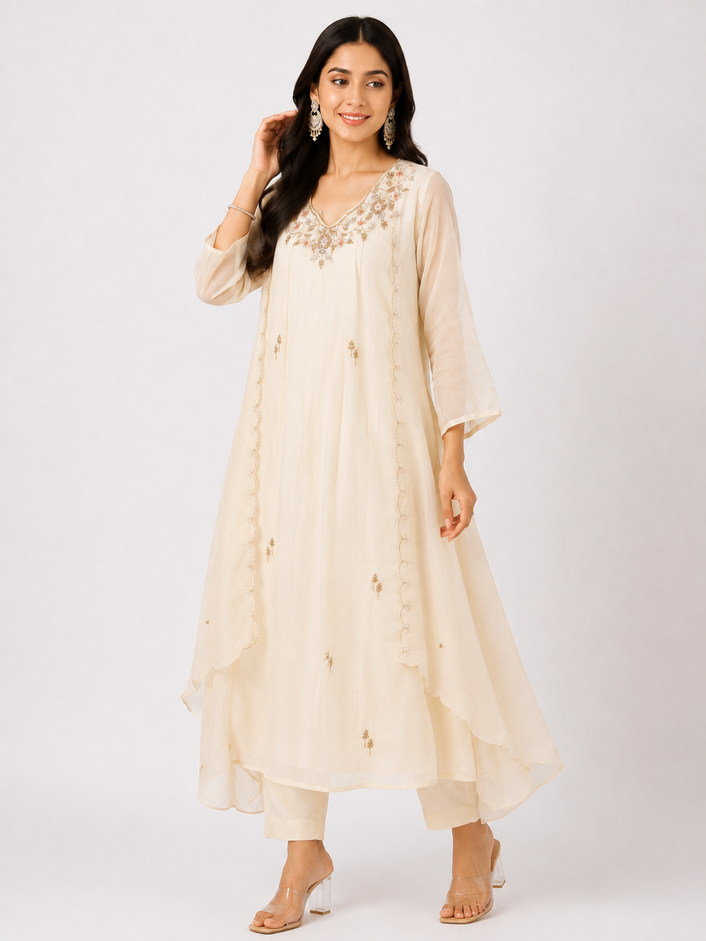 Ivory Embroidered Anarkali Suit Set with Organza Dupatta