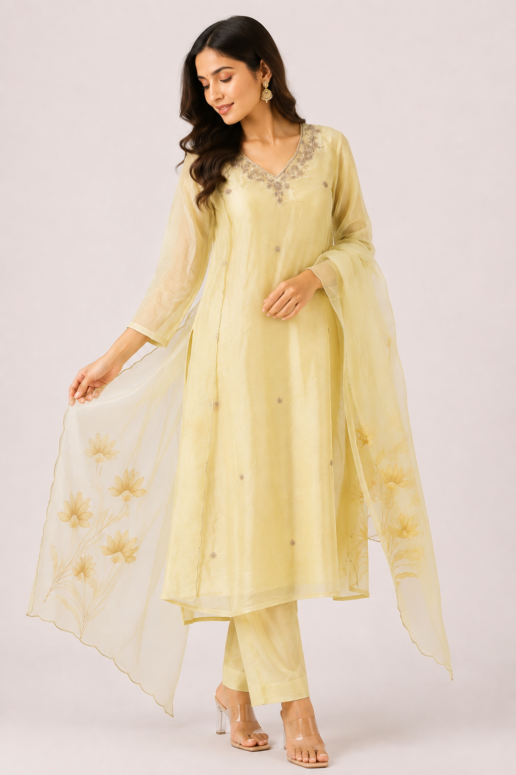 Pastel Yellow Tissue Embroidered Suit Set