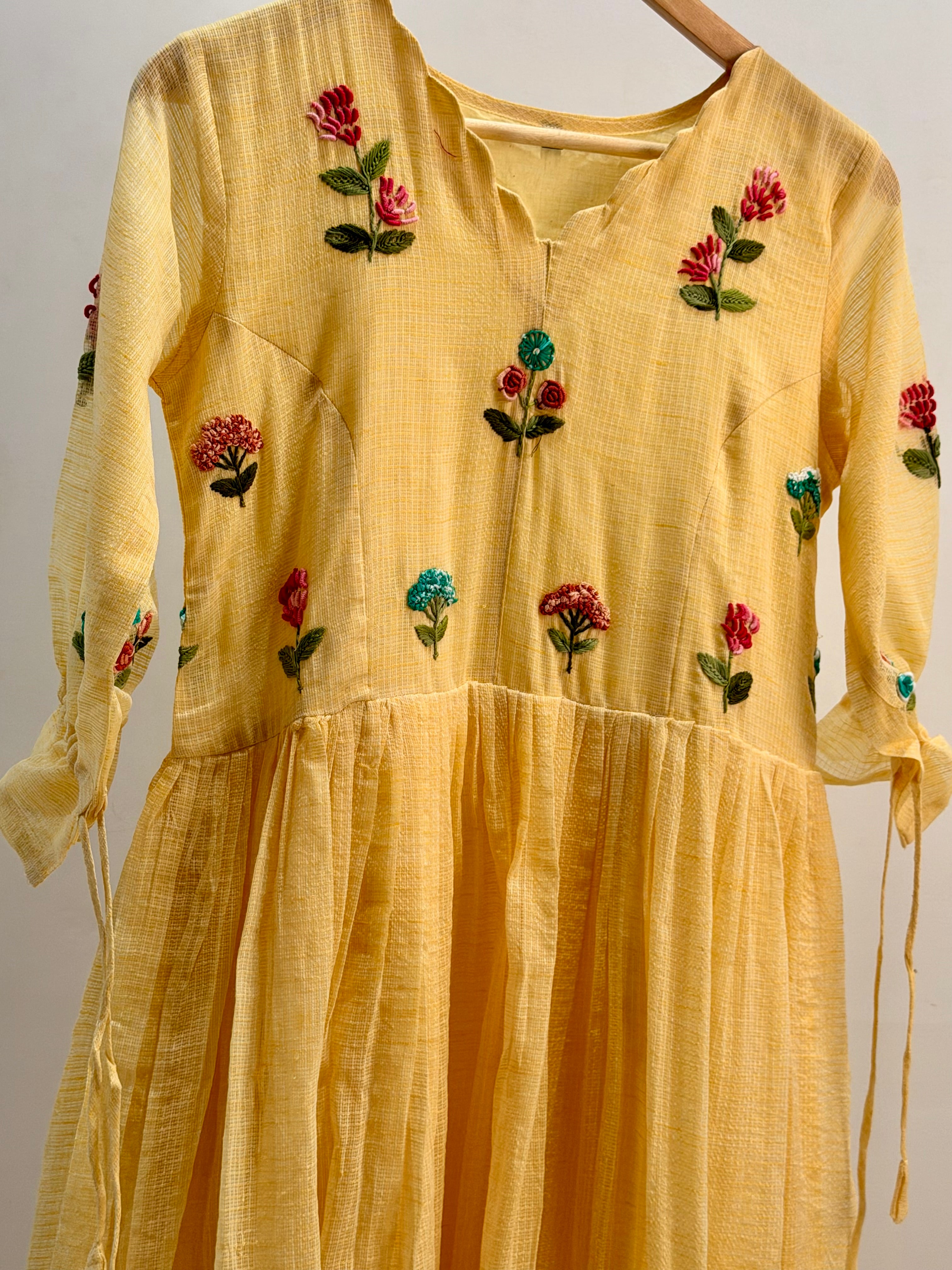 🌼 Butter Yellow Kota Cotton Embroidered Dress 🌼