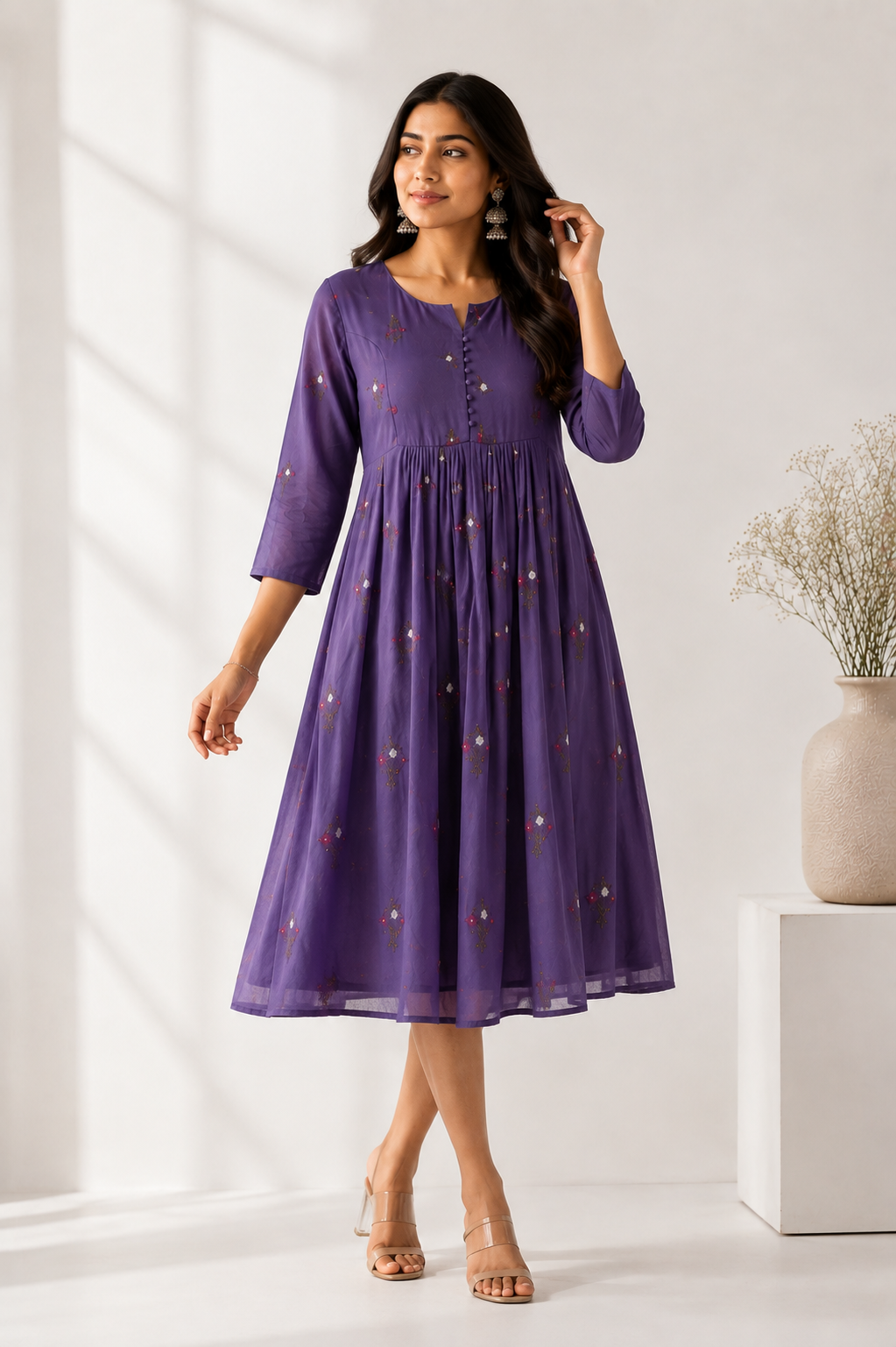 💜 Lavender Floral Embroidered Mul Chanderi Dress