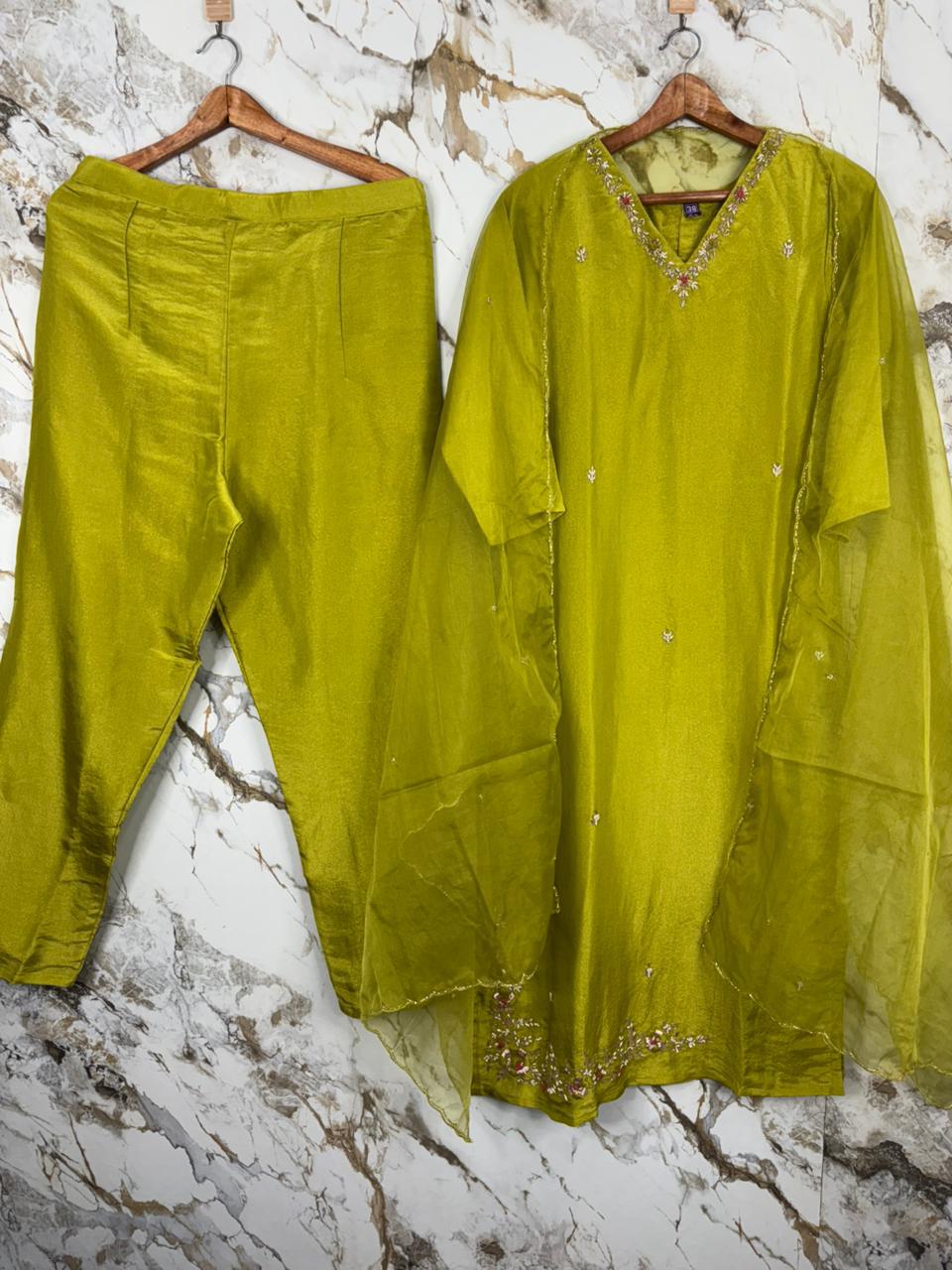Tissue Hand work Suit Set with Organza Dupatta