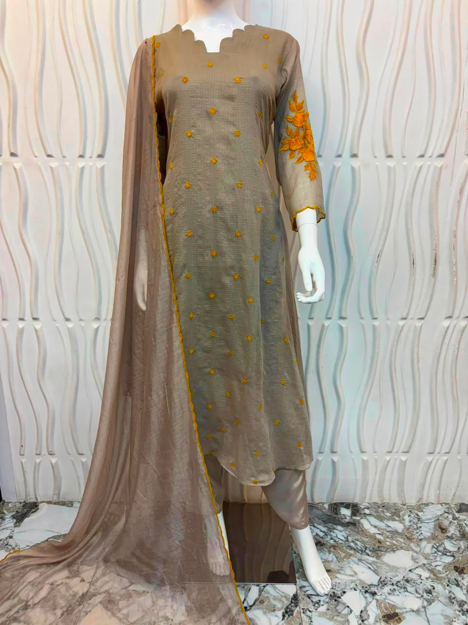 Beige Kurta Set with Dupatta
