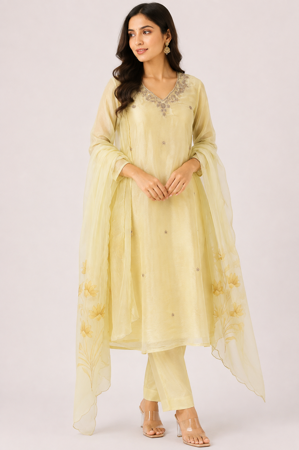 Pastel Yellow Tissue Embroidered Suit Set