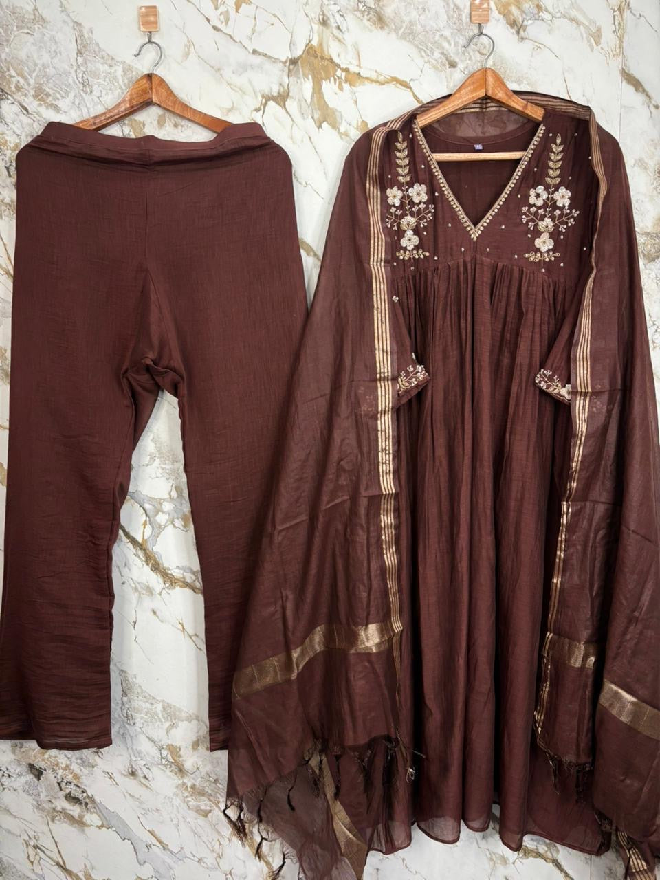 Brown Embroidered Mul Chanderi 3-Piece Set