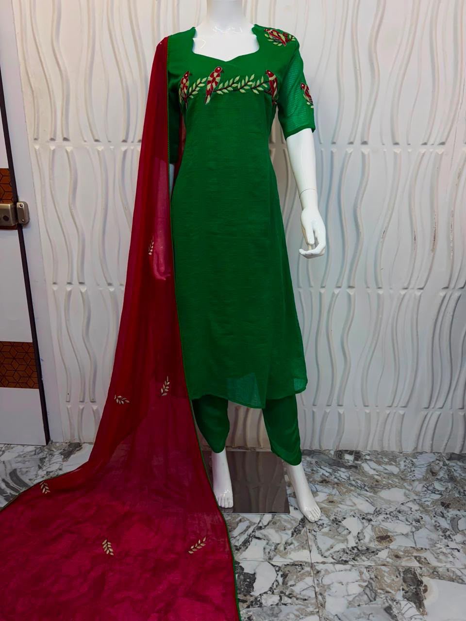 Parrot Green Kota A-Line 3-Piece Set