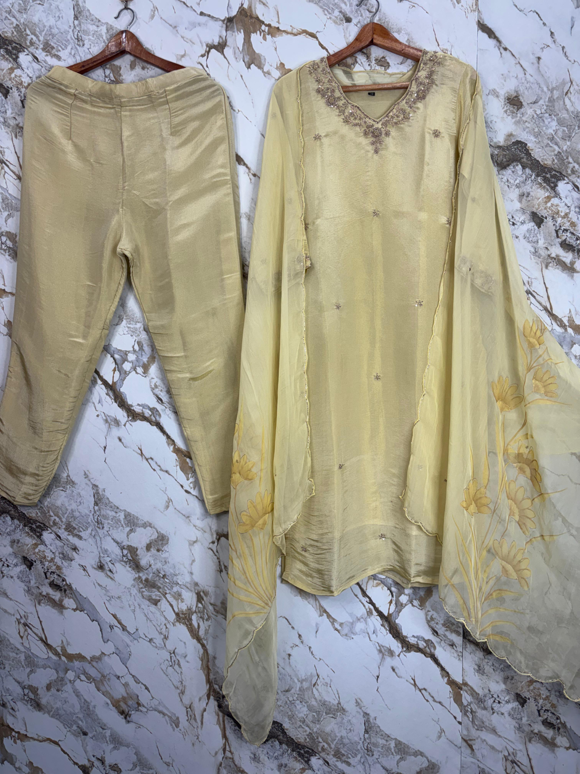 Pastel Yellow Tissue Embroidered Suit Set