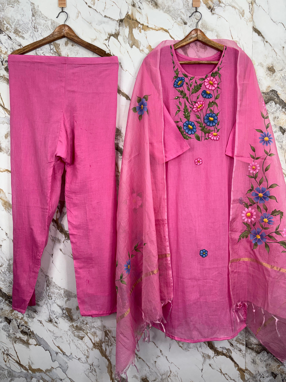 Pink MulCotton Hand-Painted Kurta Set