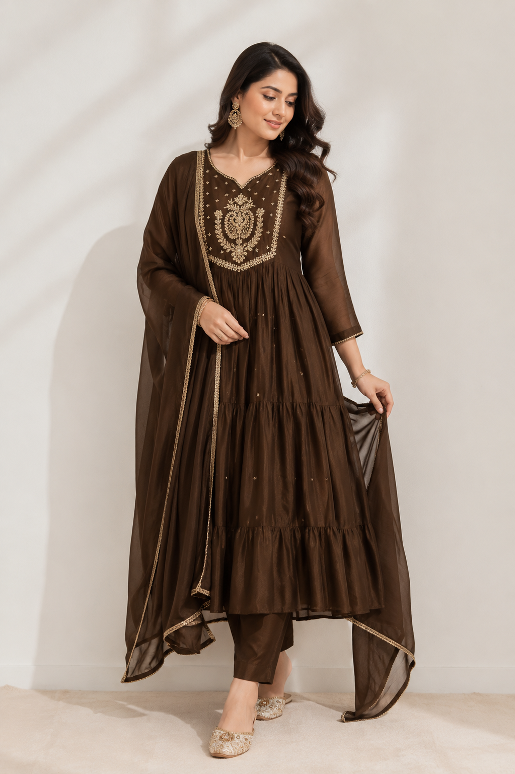 Chocolate Brown Embroidered Anarkali Set