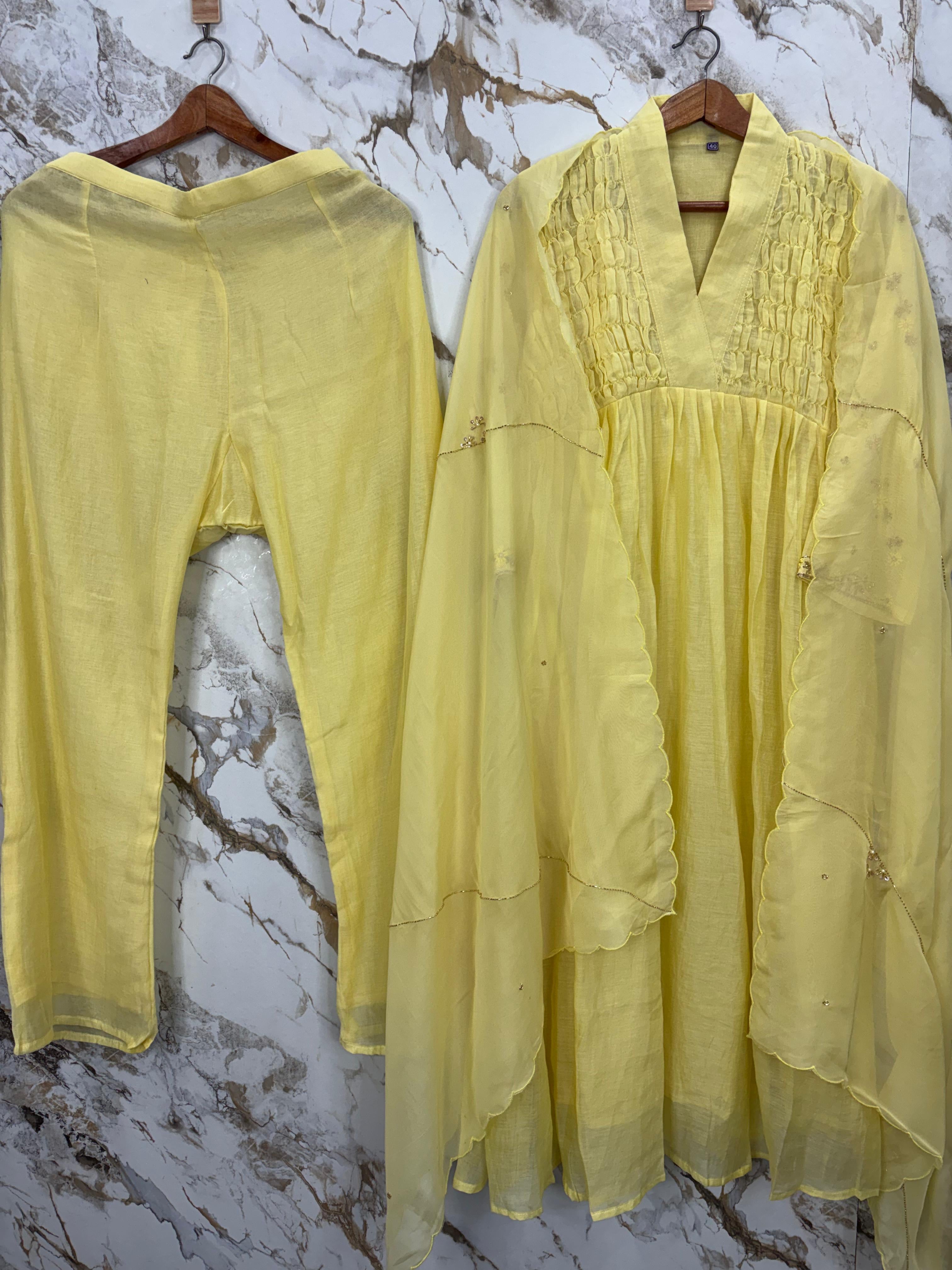 Lemon Yellow Mul Chanderi 3-Piece Set