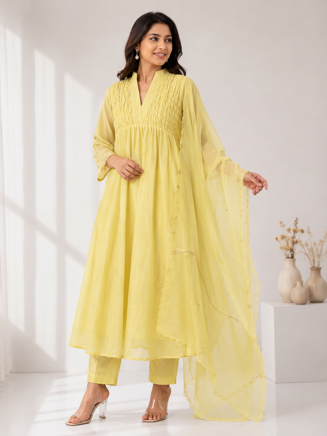 Lemon Yellow Mul Chanderi 3-Piece Set
