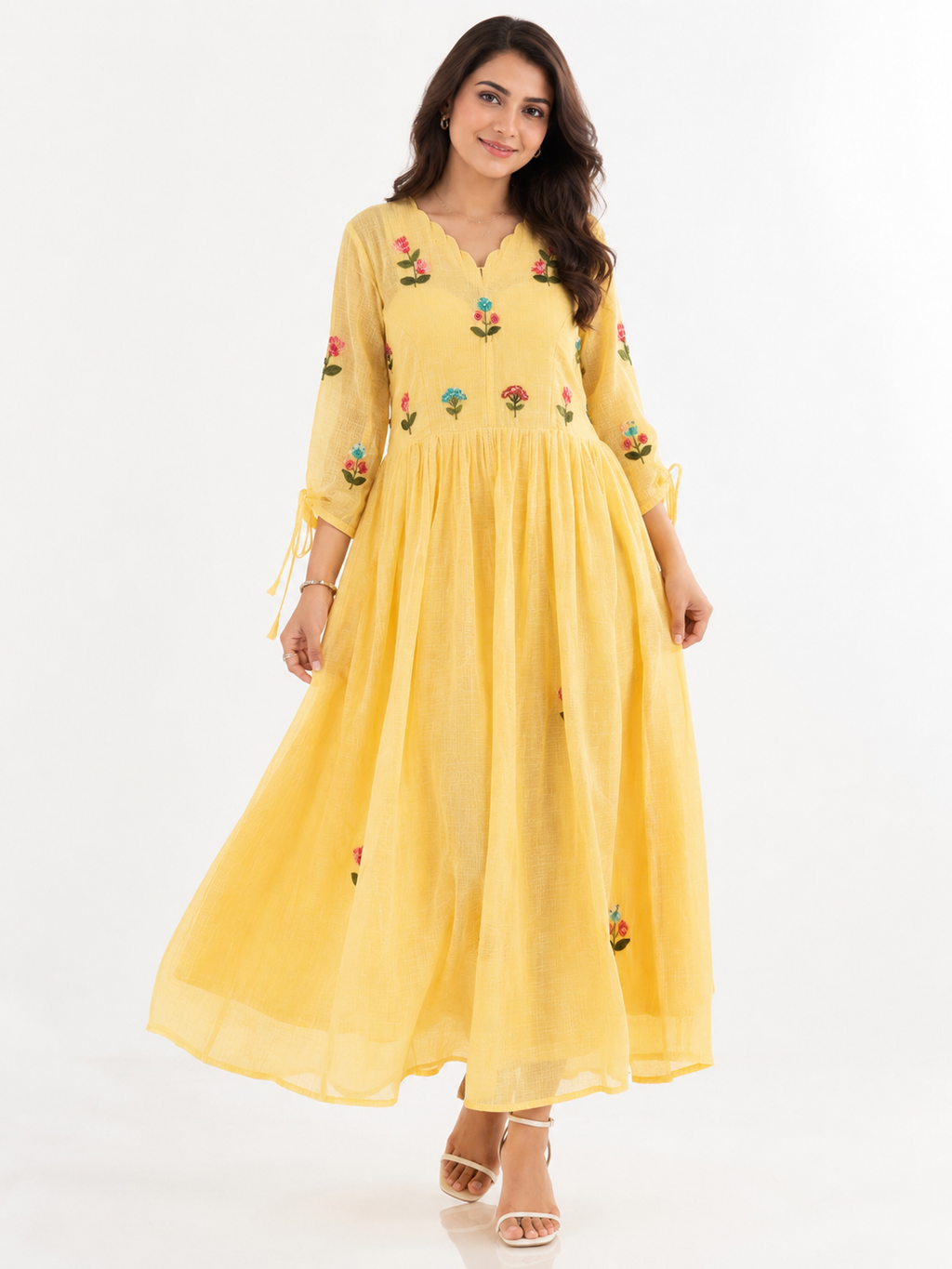 🌼 Butter Yellow Kota Cotton Embroidered Dress 🌼