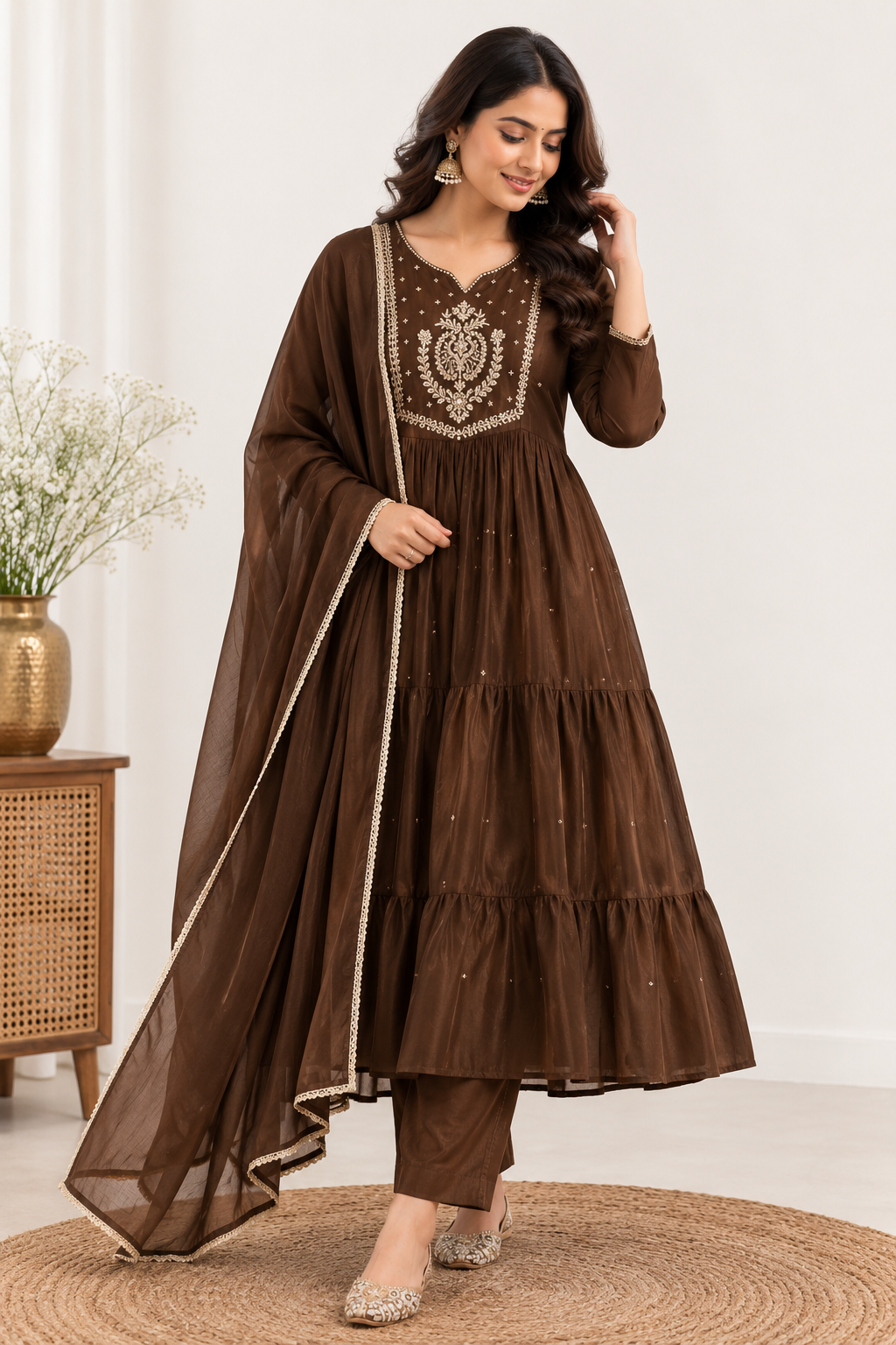 Chocolate Brown Embroidered Anarkali Set