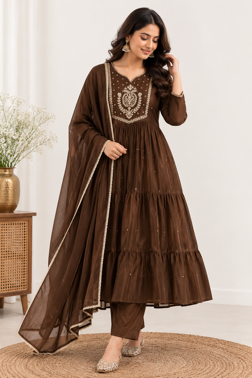 Chocolate Brown Embroidered Anarkali Set