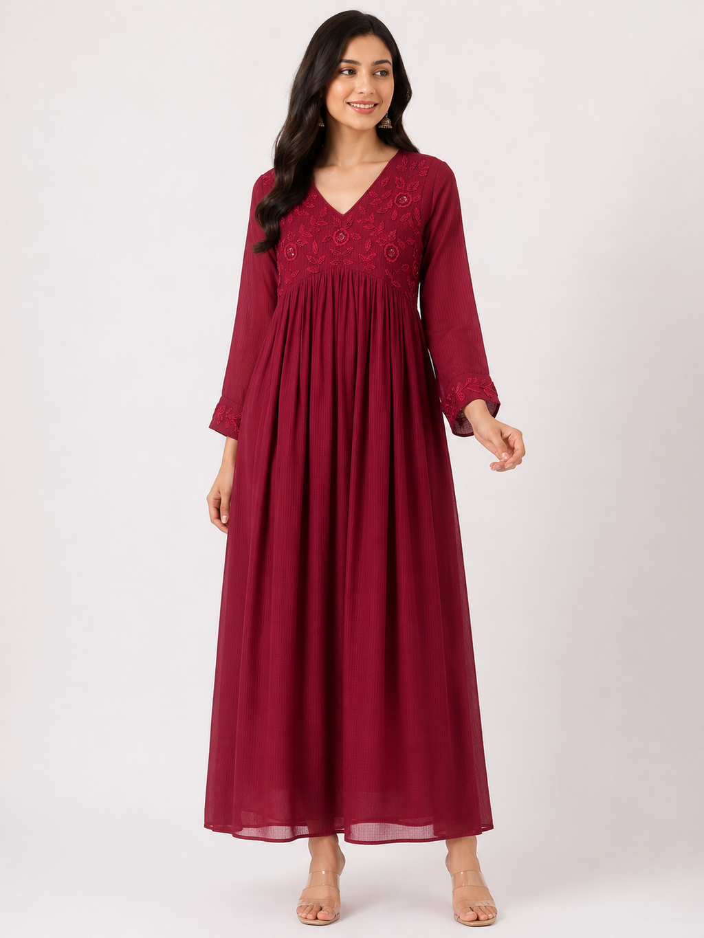 Wine Floral Kota Cotton Dress