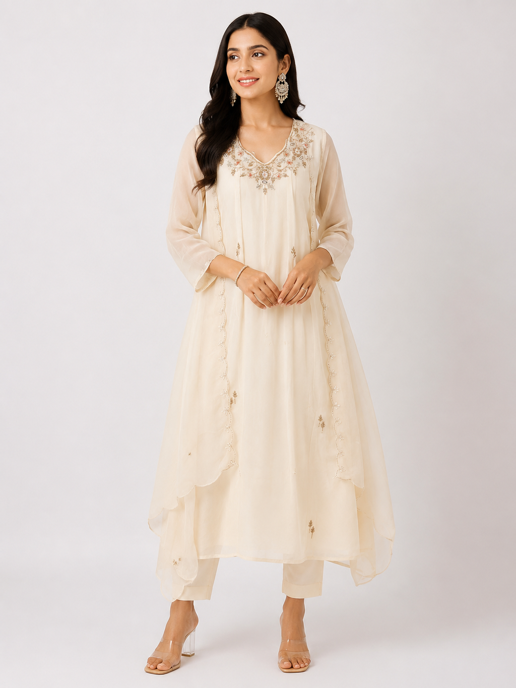 Ivory Embroidered Anarkali Suit Set with Organza Dupatta