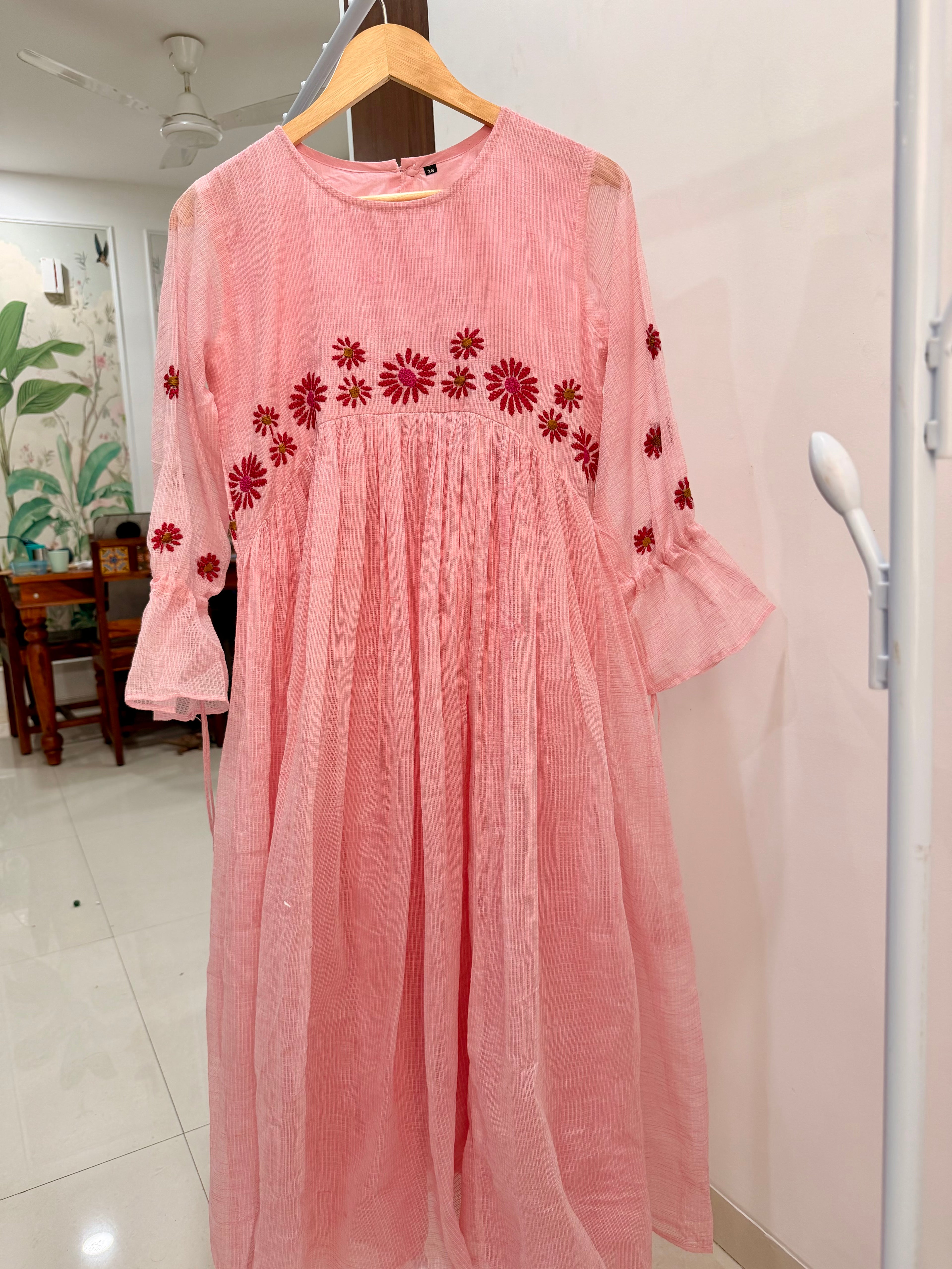 🌸 Blush Pink Kota Cotton Embroidered Dress 🌸