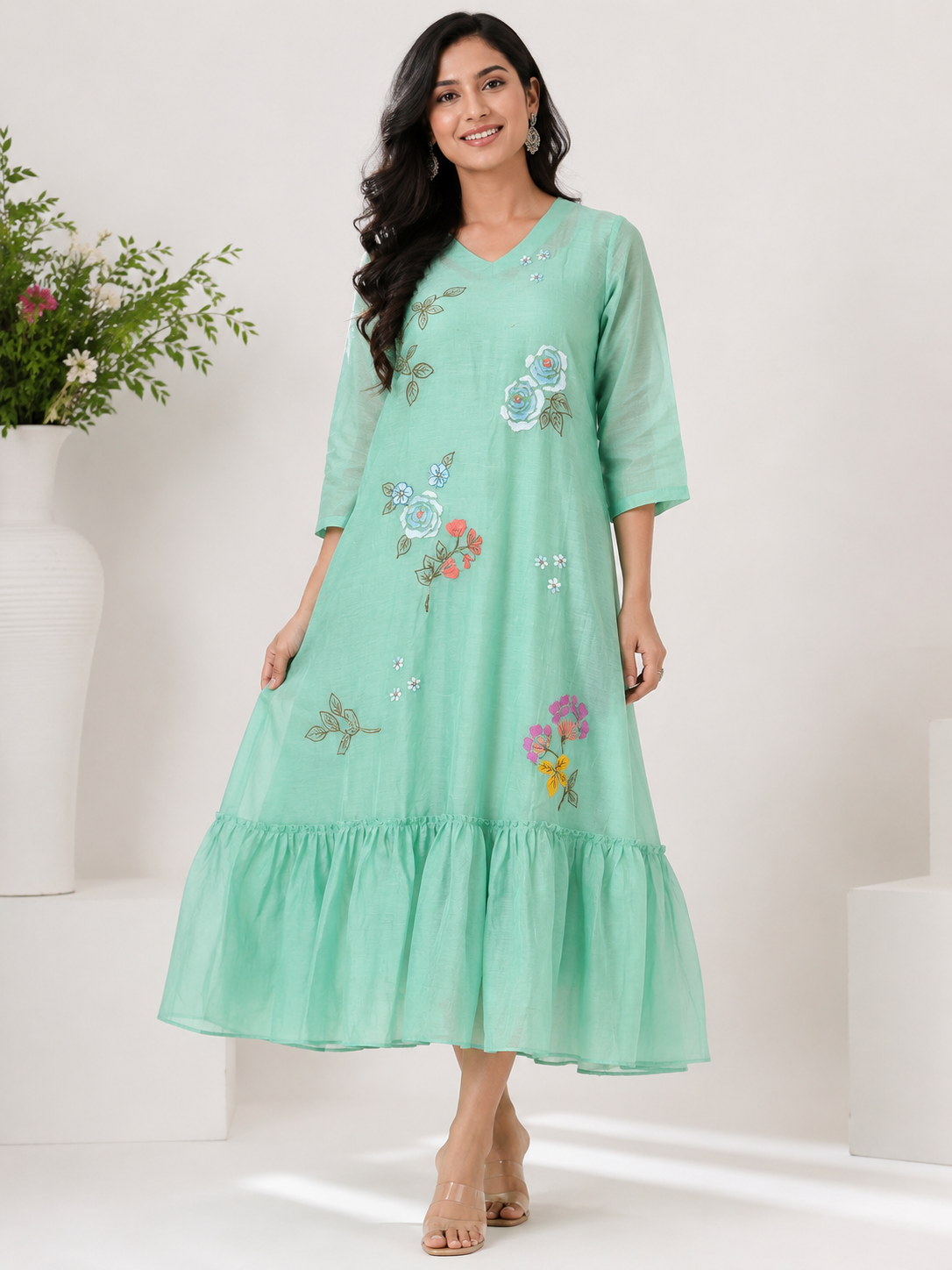 Hand-Painted Mul Chanderi Floral Frock