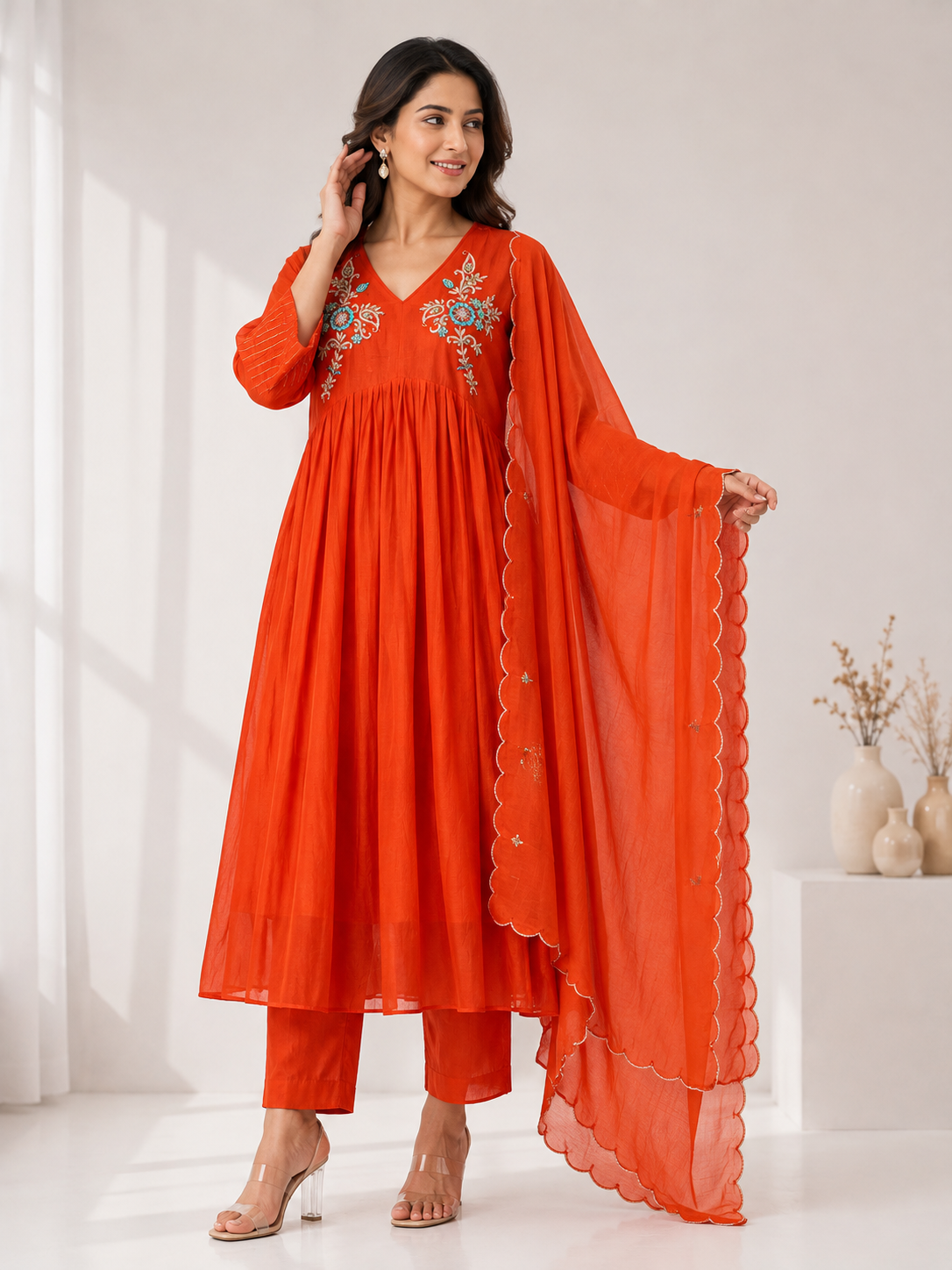 Orange Embroidered Mul Chanderi 3-Piece Set