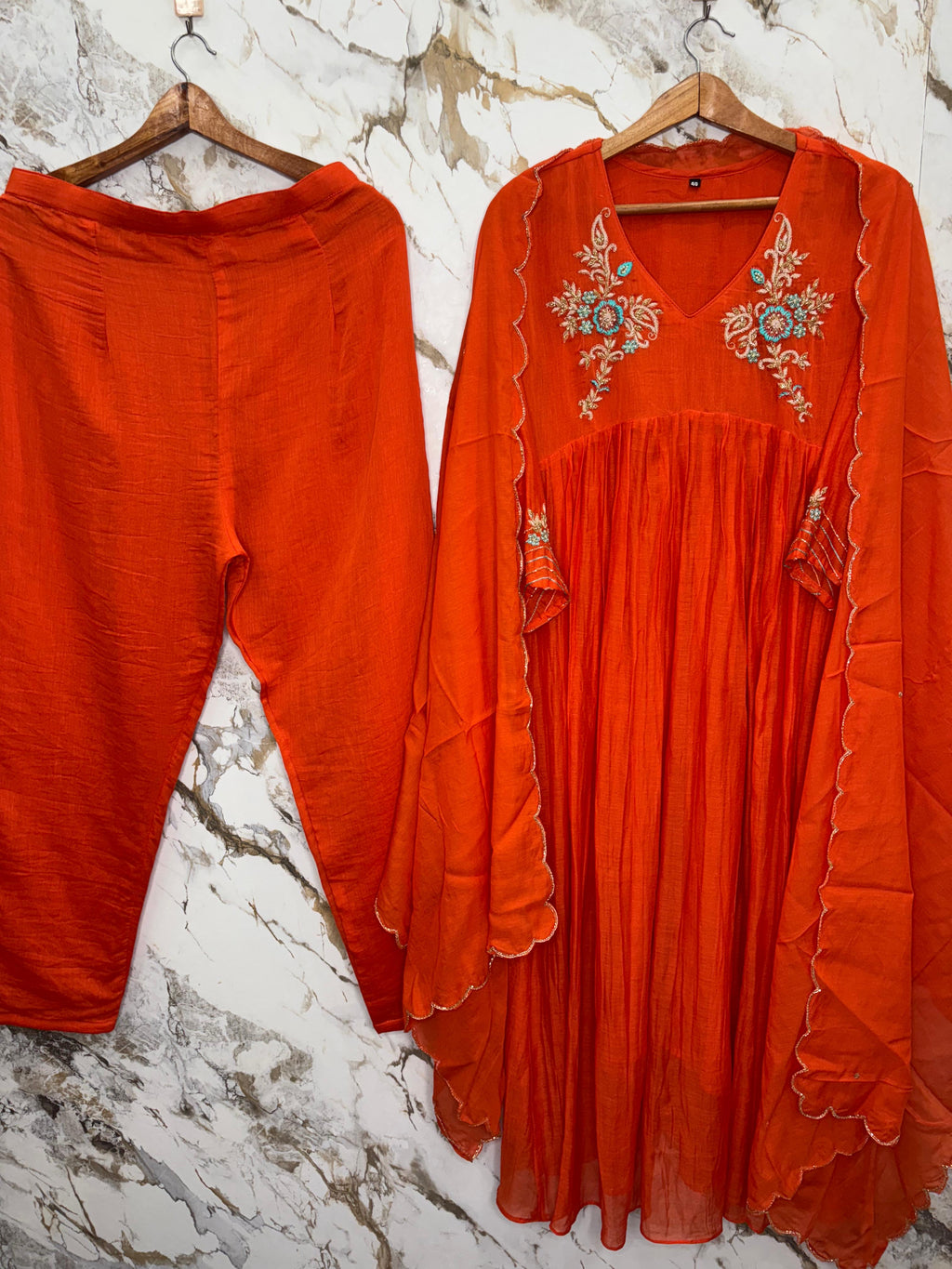 Orange Embroidered Mul Chanderi 3-Piece Set