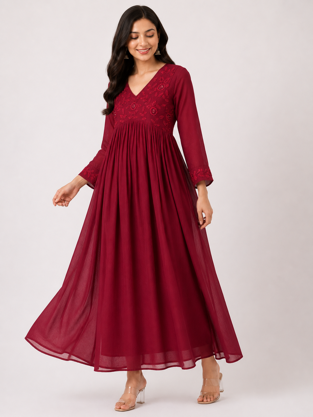 Wine Floral Kota Cotton Dress