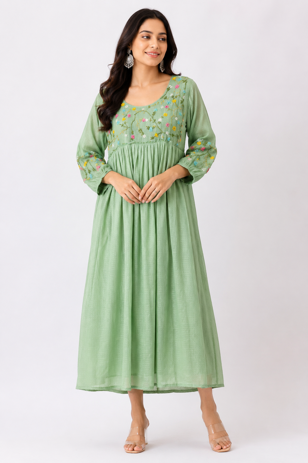 Sage Green Floral  Kota Cotton Dress