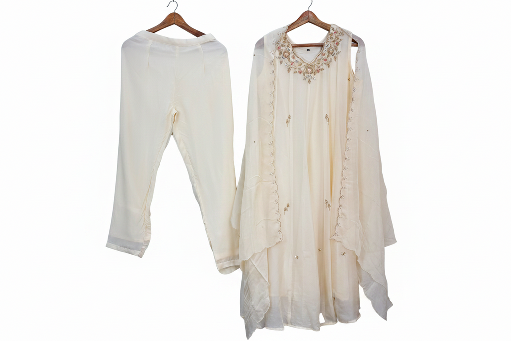 Ivory Embroidered Anarkali Suit Set with Organza Dupatta