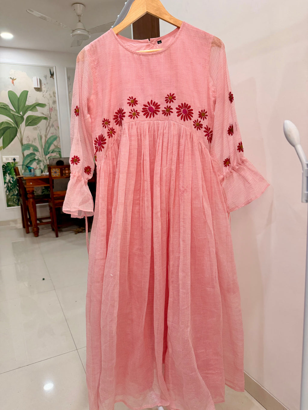 🌸 Blush Pink Kota Cotton Embroidered Dress 🌸