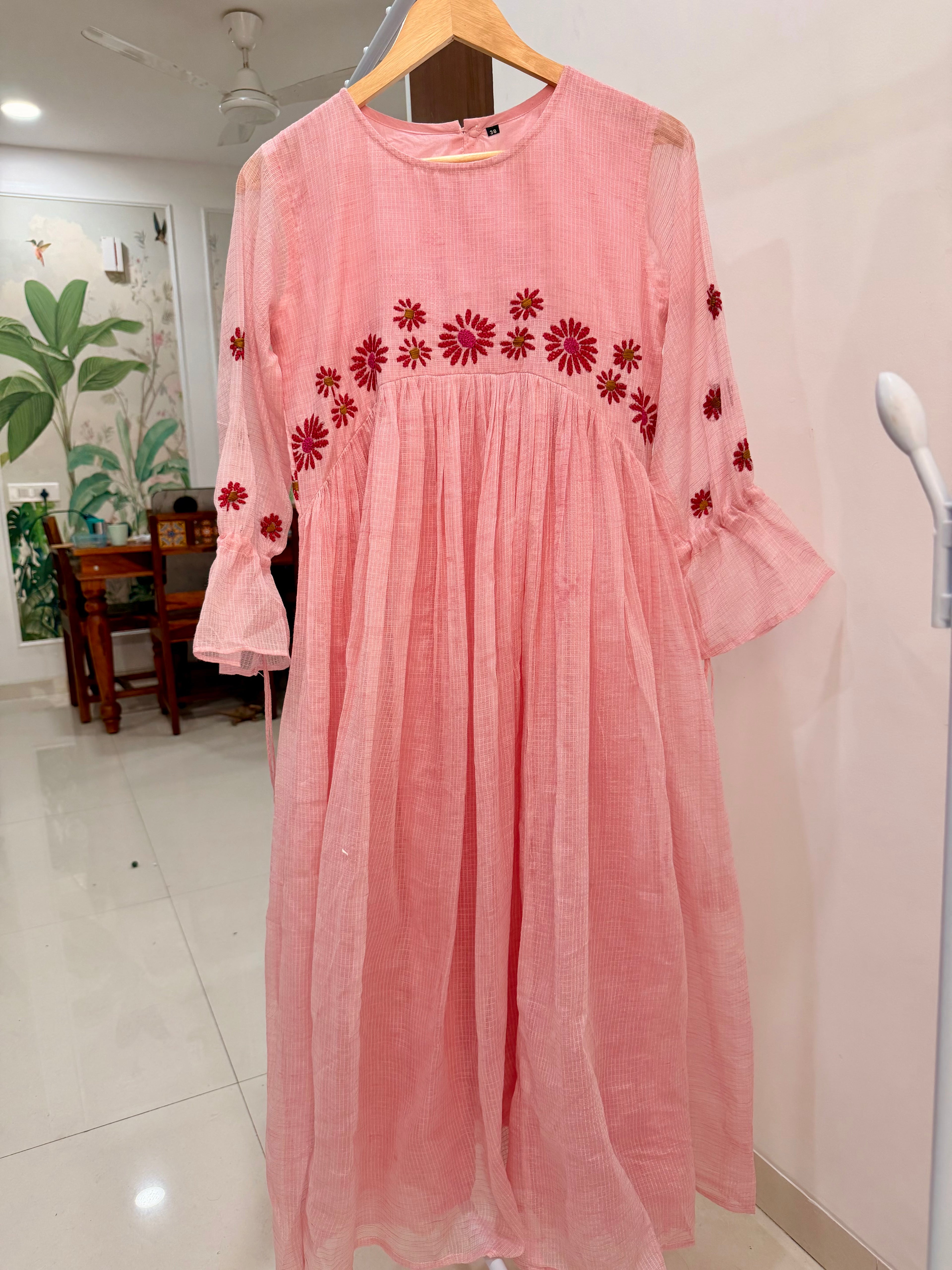 🌸 Blush Pink Kota Cotton Embroidered Dress 🌸