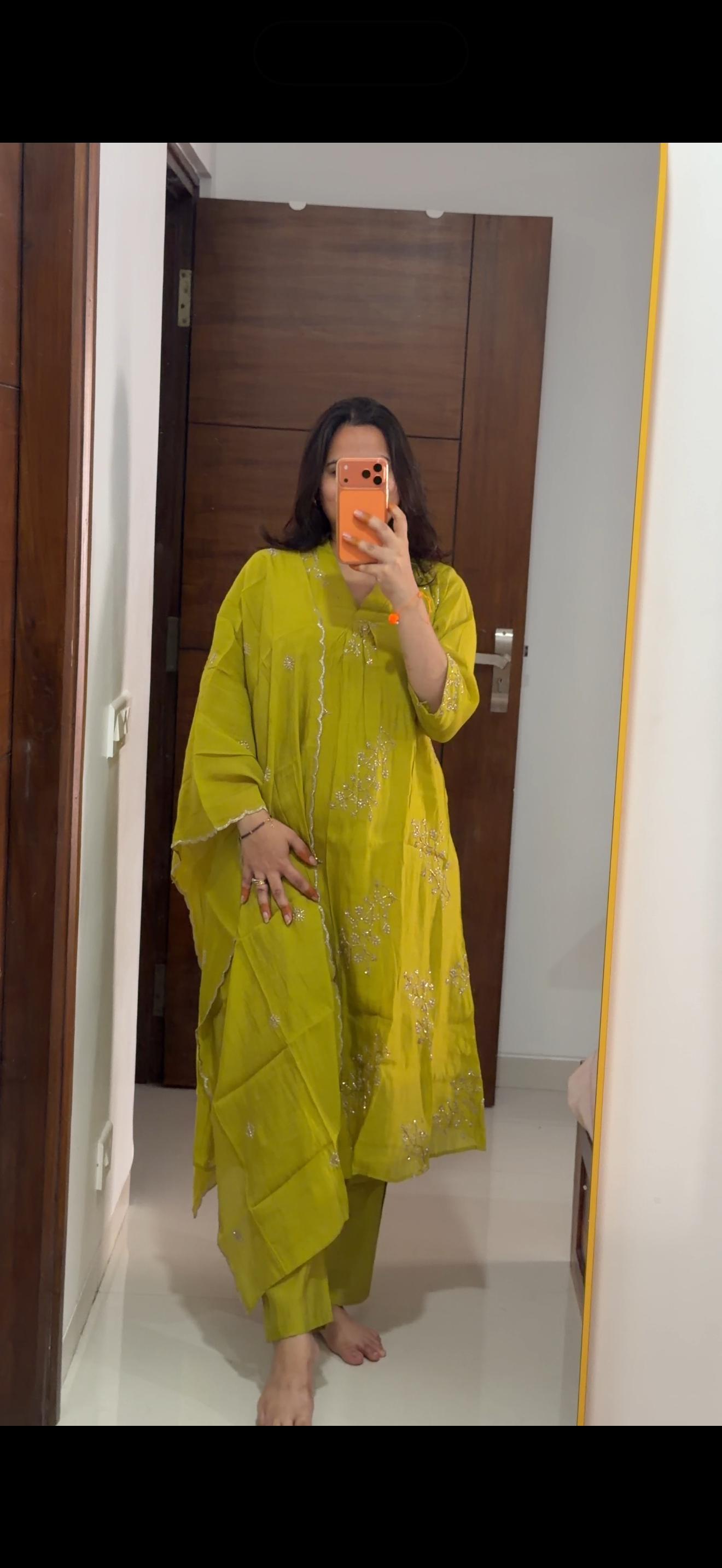 Olive Green Embroidered Mul Chanderi 3-Piece Set
