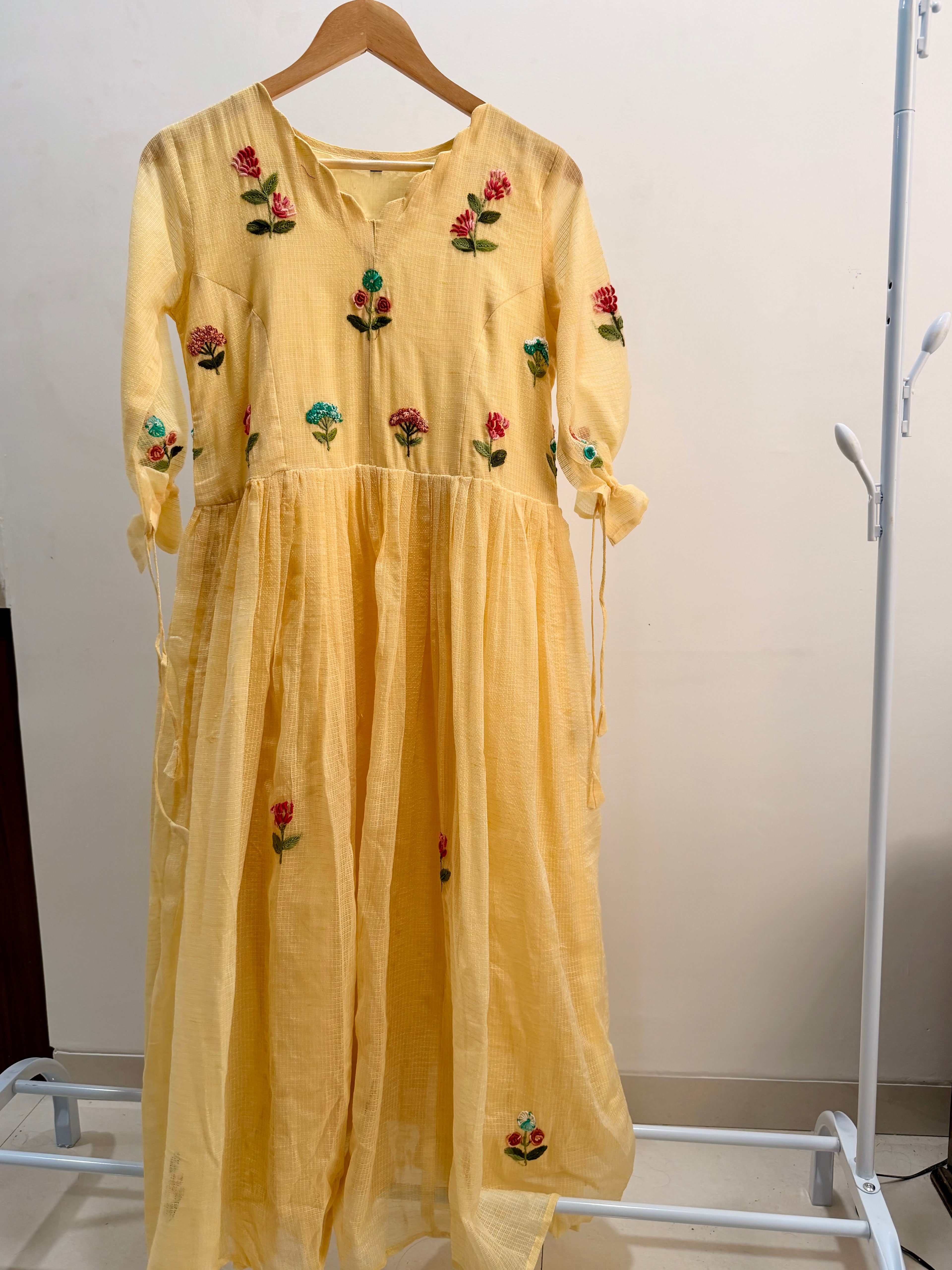 🌼 Butter Yellow Kota Cotton Embroidered Dress 🌼