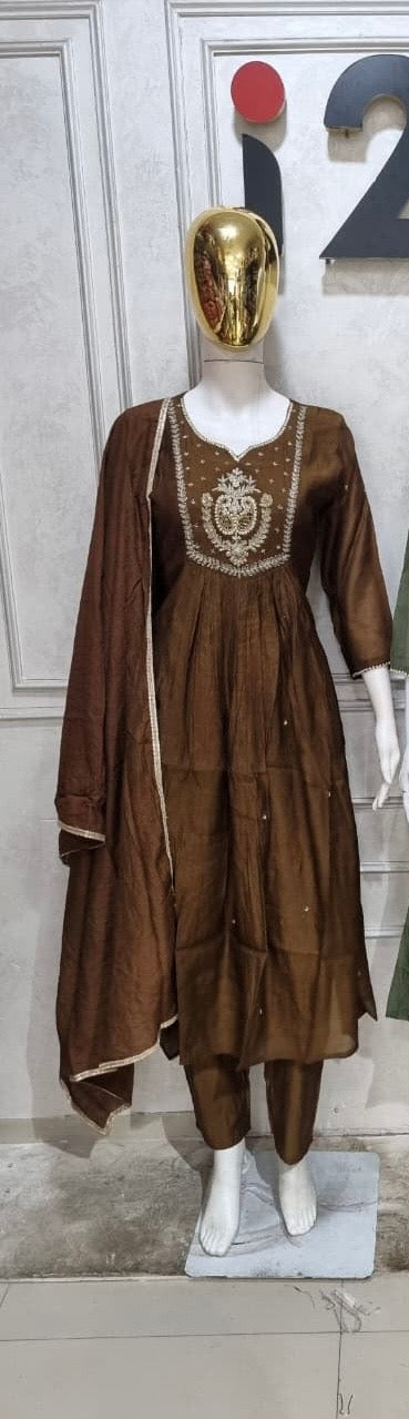 Chocolate Brown Embroidered Anarkali Set