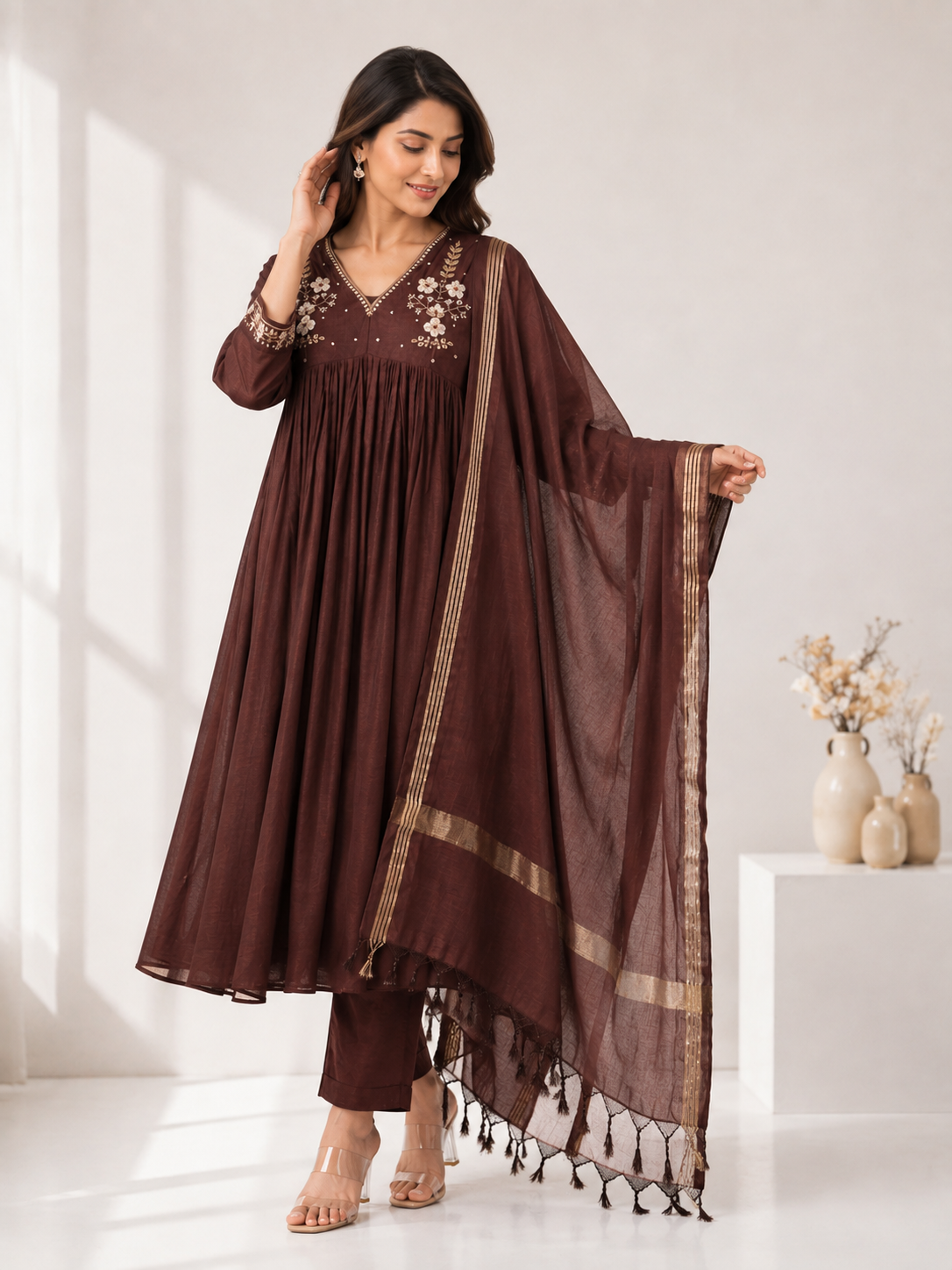 Brown Embroidered Mul Chanderi 3-Piece Set