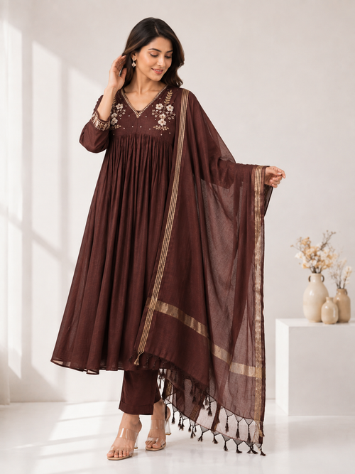 Brown Embroidered Mul Chanderi 3-Piece Set