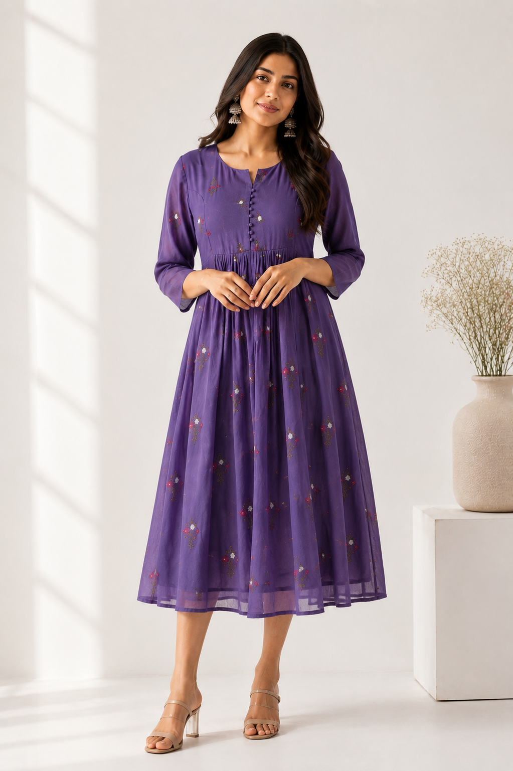 💜 Lavender Floral Embroidered Mul Chanderi Dress
