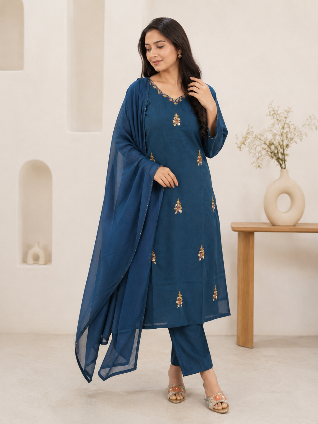 Noor Teal Mul Chanderi 3-Piece Set