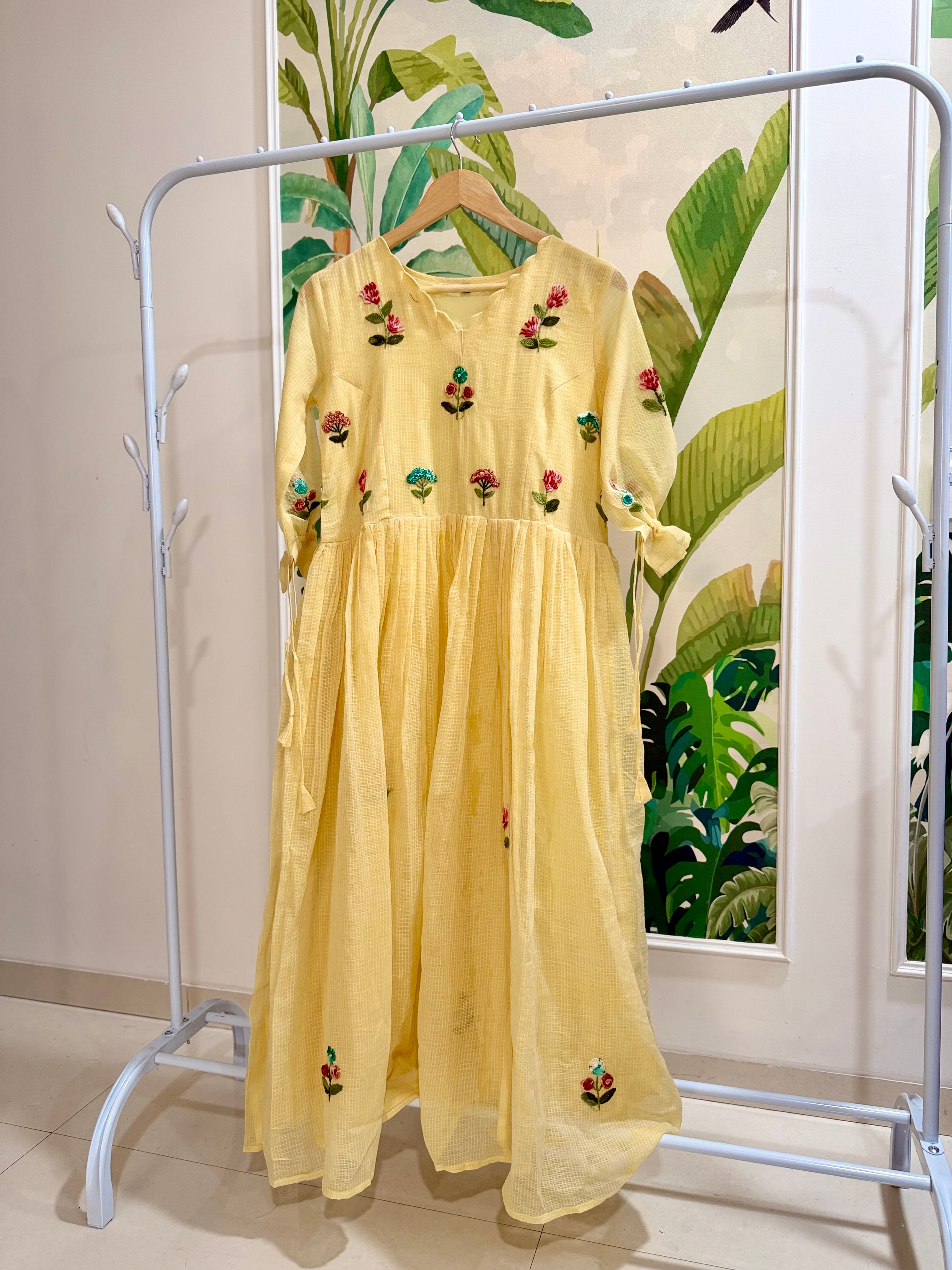 🌼 Butter Yellow Kota Cotton Embroidered Dress 🌼