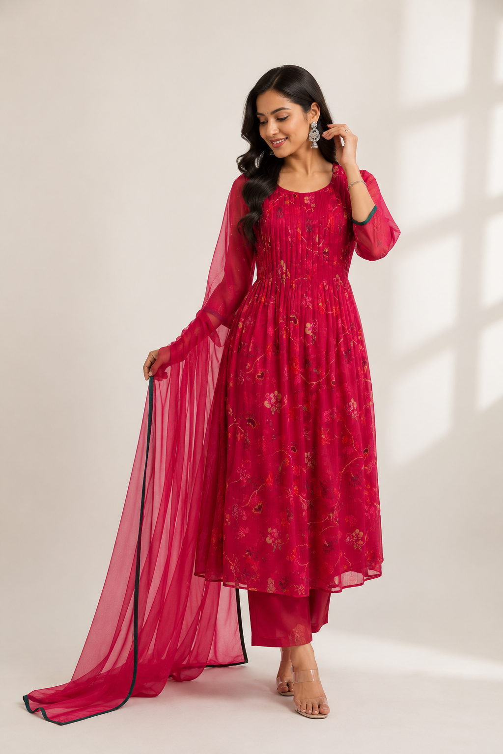 Ruby Pink Printed Anarkali Kurti Set