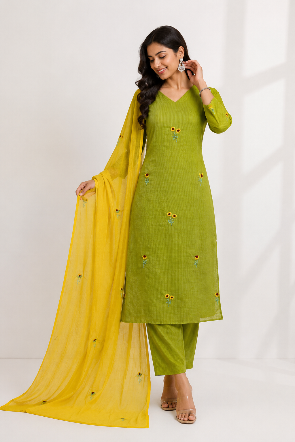 Olive Green Embroidered Kurti Set