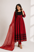 Crimson Red Printed Anarkali Kurti Set