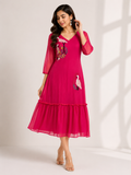 Fuchsia Pink Embroidered Flared Dress