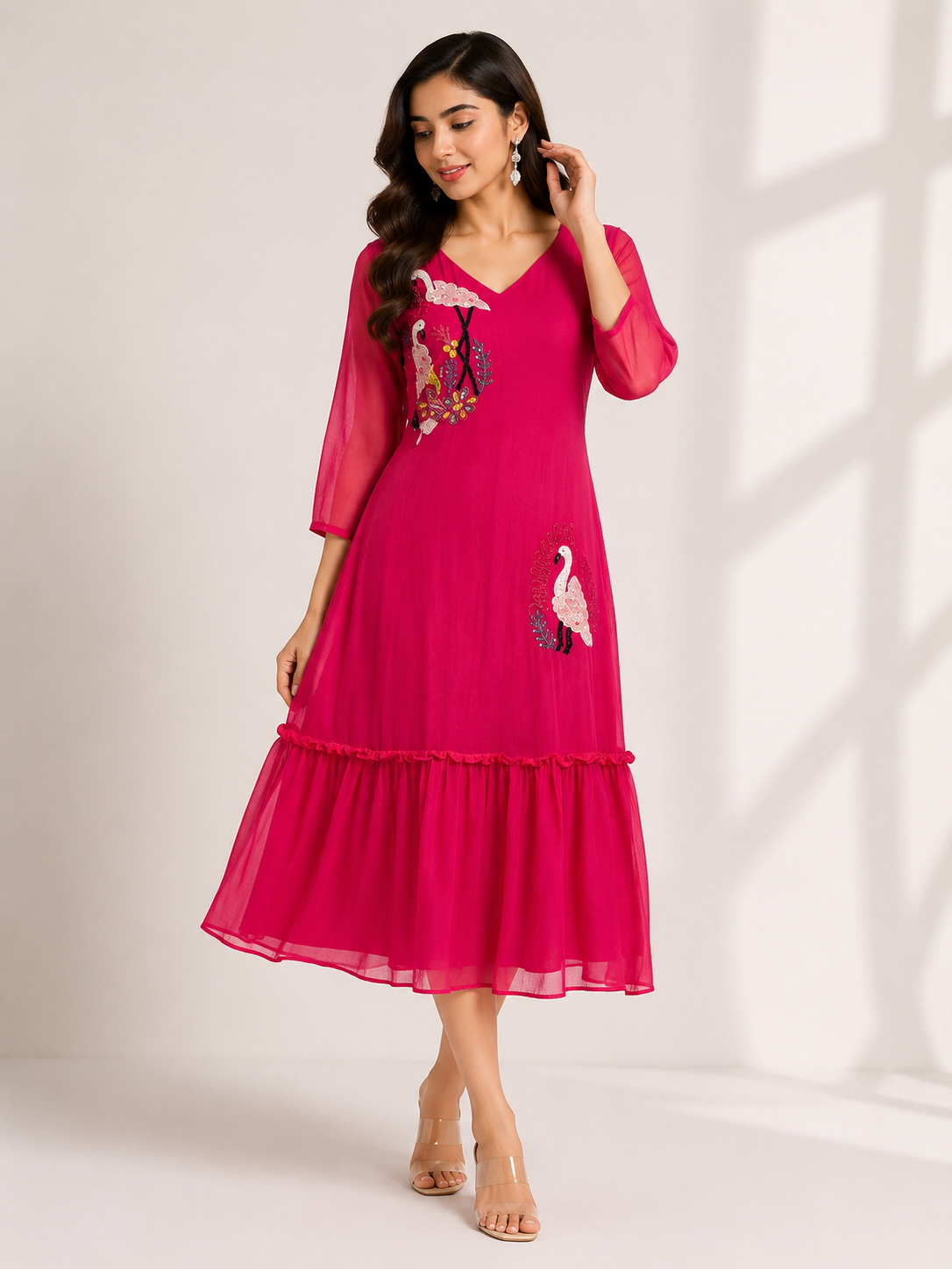 Fuchsia Pink Embroidered Flared Dress