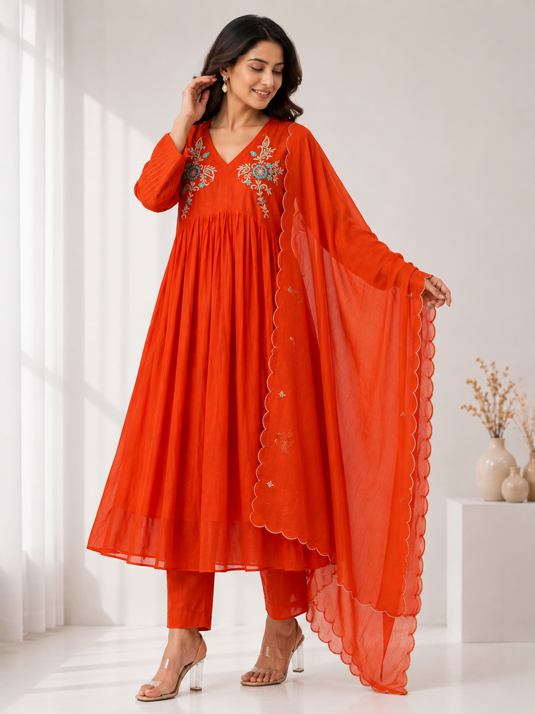 Orange Embroidered Mul Chanderi 3-Piece Set