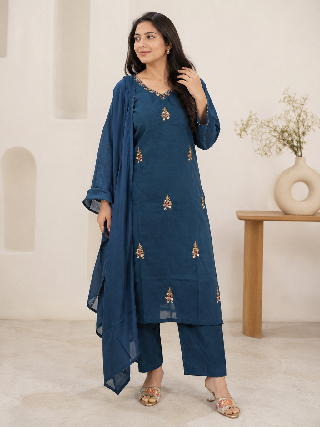 Noor Teal Mul Chanderi 3-Piece Set