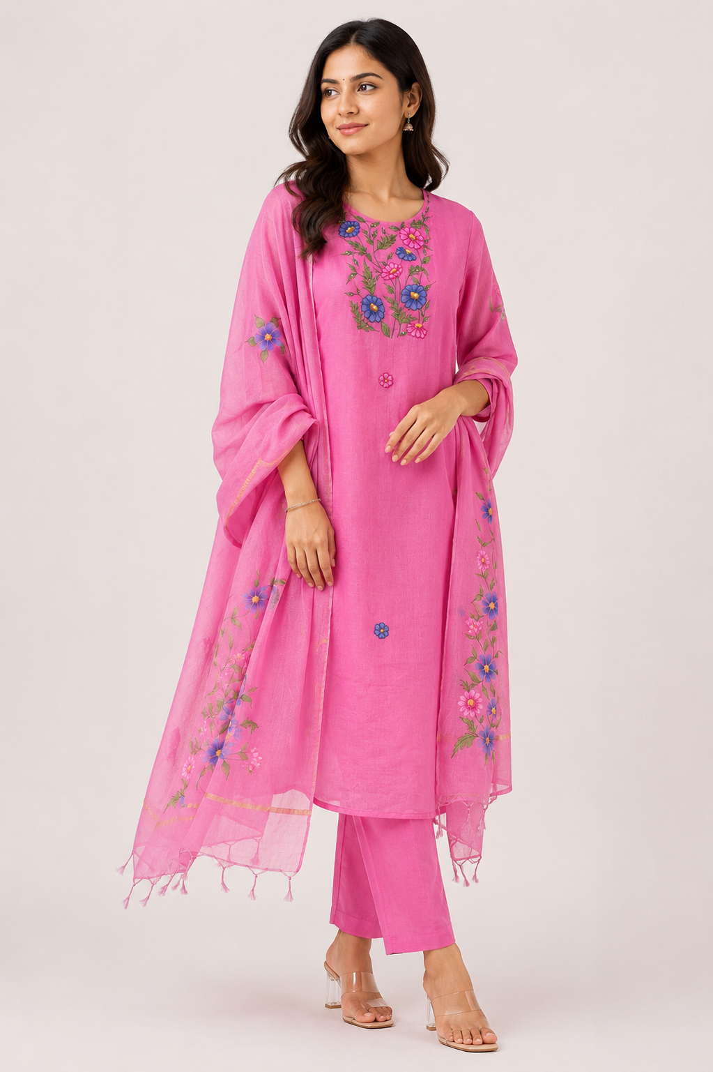 Pink MulCotton Hand-Painted Kurta Set
