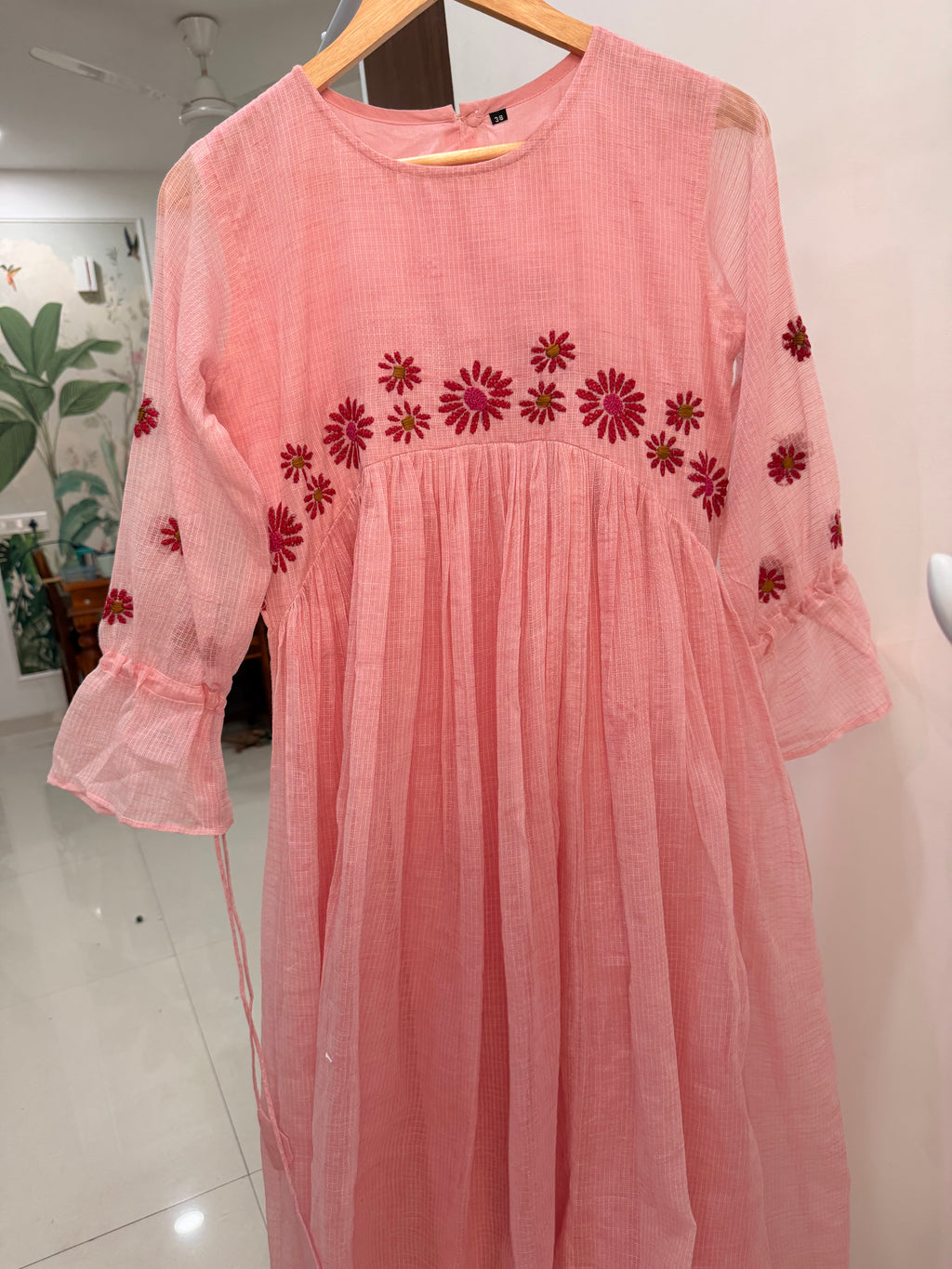 🌸 Blush Pink Kota Cotton Embroidered Dress 🌸