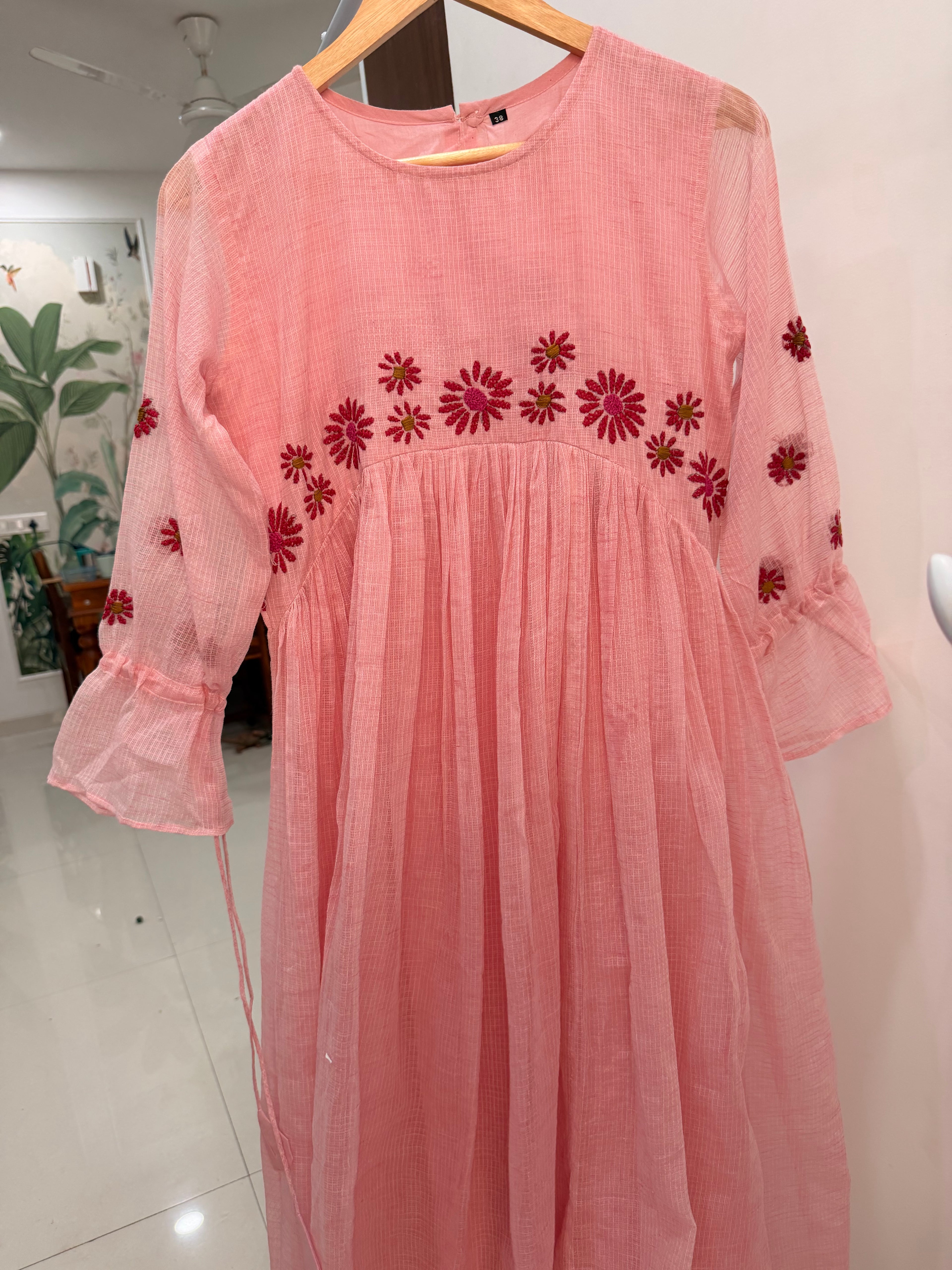 🌸 Blush Pink Kota Cotton Embroidered Dress 🌸