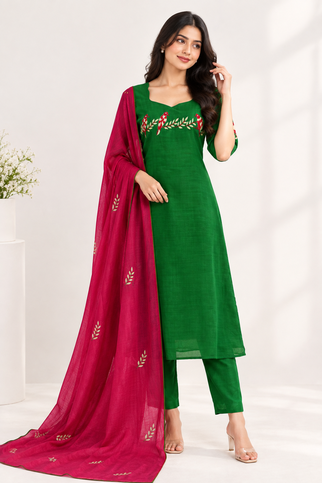 Parrot Green Kota A-Line 3-Piece Set