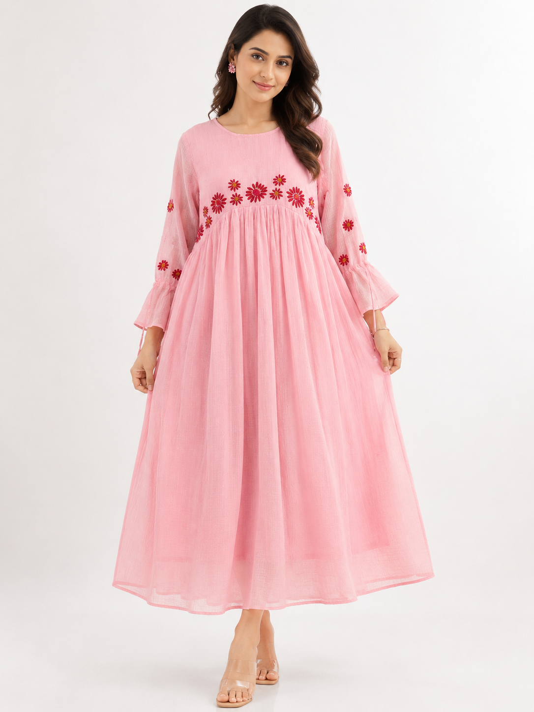 🌸 Blush Pink Kota Cotton Embroidered Dress 🌸